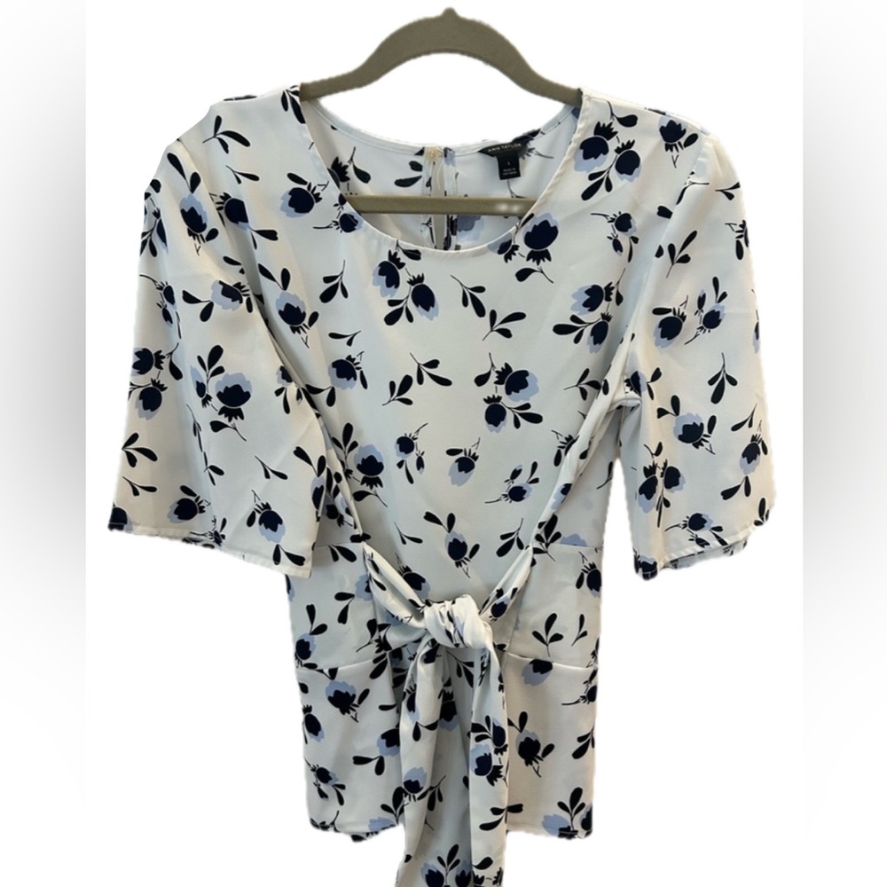 Ann Taylor Navy Floral Peplum Tie Blouse
